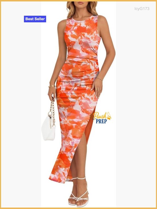 Dresses & Skirts - Sleeveless Bodycon Maxi Dress Floral Print Ruched Side Slit Party Club